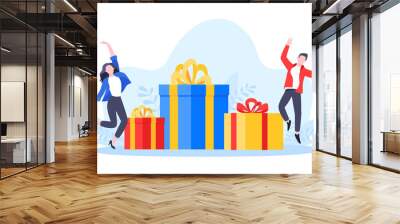 Earn loyalty program points, get online reward and gifts. Get loyalty card and customer service business concept flat design vector illustration. Tiny people with big gift boxes. Wall mural