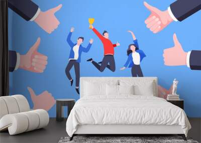 Employee recognition or proud worker of the month business concept flat style design vector illustration. Young adult man jumps in the air with trophy cup in the hand and many thumbs up around him. Wall mural