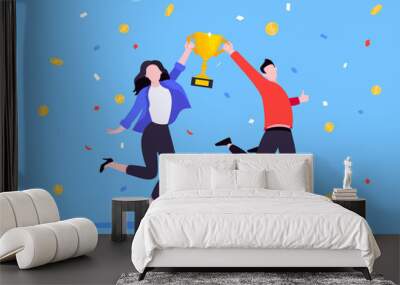 Employee recognition or proud workers of the month business concept flat style design vector illustration. Young adult people jump in the air with trophy cup. Wall mural