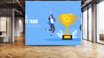 Employee recognition or proud workers of the month business concept flat style design vector illustration. Young adult people jump in the air with trophy cup. Wall mural