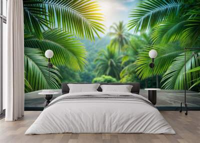 Empty stone surface for product display or advertising against green tropical jungle background, selective focus Wall mural