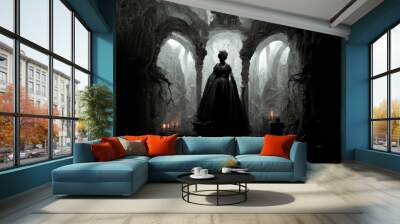 evil queen in black dress standing in creepy dungeon interior. Halloween moody scene Wall mural