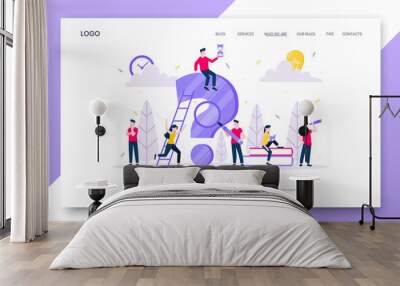 FAQ or Q and A internet landing page concept web template. Teamwork characters working together with faq big question mark, frequently asked questions concept flat style design vector illustration. Wall mural