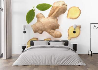 Flat lay fresh raw ginger root Isolated on white background. Wall mural