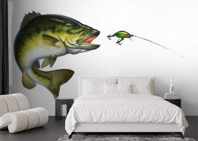 Bass fish jumps out of water isolate realistic illustration. Bass hunts for the golden wobbler bait. perch fishing in the usa on a river or lake at the weekend. Wall mural