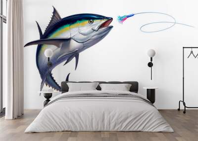 Black fin tuna attacks Bait Sea Swim Squids realistic illustration. Black fin yellow tuna in a jump. Wall mural