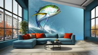 Bluefin Trevally (Caranx melampygus) fish illustration realistic art background of sea waves caranx art. Sea Fishing at Crevalle Jack. Wall mural