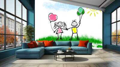 Boy and girl on a walk children's drawing doodle without background. Wall mural