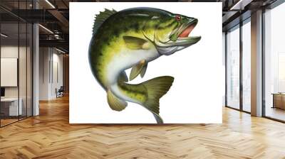 Larged bass jumps out of water isolate realistic illustration. Big bass perch fishing in the usa on a river or lake at the weekend. Wall mural