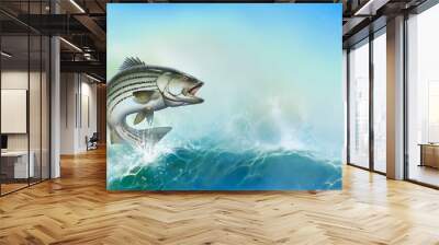 Striped bass jumping out of the water illustration isolate realism. Striped perch on the background of splashing water. Wall mural