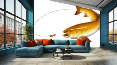 Trout attacks bait spoon spinner. Rainbow gold trout fish on white background. California golden trout delicacy illustration isolate art realistic. Wall mural