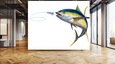 Yellow tuna black fin attacks Bait Sea Swim Squids. Realistic illustration of Yellow tuna white background isolate. Wall mural