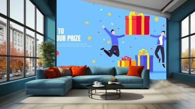 Get online incentive gift benefit reward and gifts, earn loyalty program points. Get loyalty card and customer service business concept flat design vector illustration. Tiny people with big gift boxes Wall mural