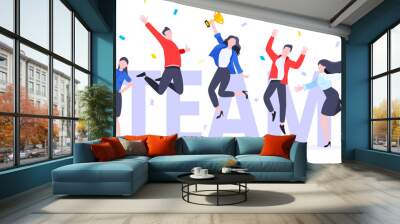 Happy business employee team winners award ceremony flat style design vector illustration. Employee recognition and best worker competition award team celebrating victory winner business concept. Wall mural