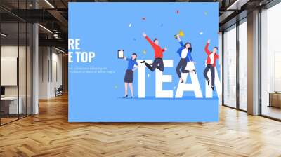 Happy business team employee team winners award ceremony flat style design vector illustration. Employee recognition and best worker competition award team celebrating victory winner business concept. Wall mural