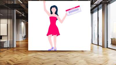 Happy lottery winner with prize paycheck. Fortune lottery or casino gambling lucky games concept flat style design vector illustration isolated white background. Woman standing up with check. Wall mural