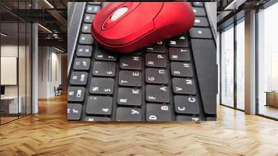 The red computer mouse on the black keyboard.. Wall mural