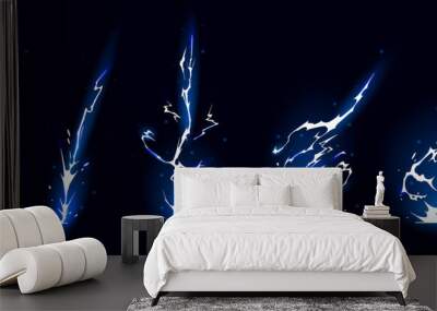 Lightning strike bolt silhouettes sequence vector illustration. Black thunderbolts and zippers are natural phenomena isolated on a dark background. Thunderstorm electric effect of light shining flash. Wall mural