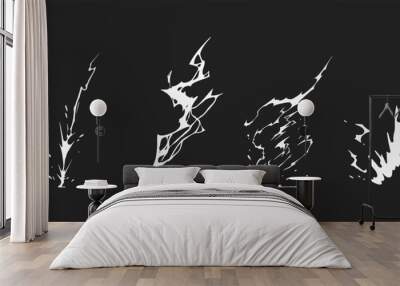 Lightning strike bolt silhouettes sequence vector illustration. Black thunderbolts and zippers are natural phenomena isolated on a dark background. Thunderstorm electric effect of light shining flash. Wall mural