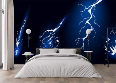 Lightning strike bolt silhouettes sequence vector illustration. Black thunderbolts and zippers are natural phenomena isolated on a dark background. Thunderstorm electric effect of light shining flash. Wall mural