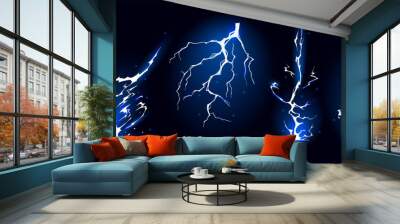 Lightning strike bolt silhouettes sequence vector illustration. Black thunderbolts and zippers are natural phenomena isolated on a dark background. Thunderstorm electric effect of light shining flash. Wall mural