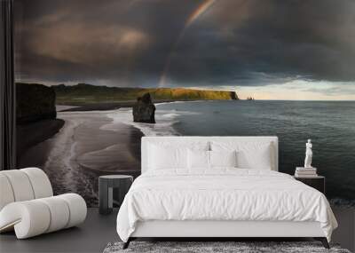 black sand beach reynisfjara in iceland. windy morning. ocean waves. colorful sky. morning sunset. Wall mural