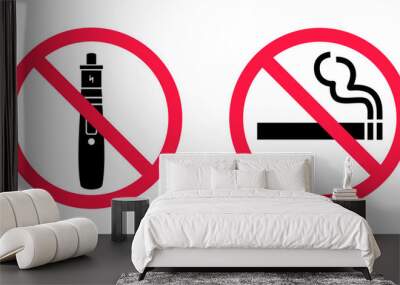 No smoking no vaping signs set. Forbidden sign icon isolated on white background vector illustration. Cigarette, vape and smoke and in prohibition circle. Wall mural