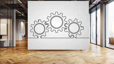 One continuous line illustration of gears wheels. Three cogwheels in lineart style. concept of business teamwork Wall mural