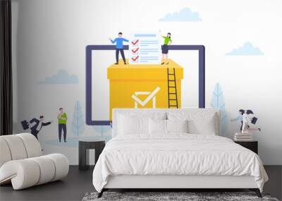 Online voting concept flat style design vector illustration. Tiny people with voting poll online survey working together. Concept of electronic voting modern system political competition and election. Wall mural