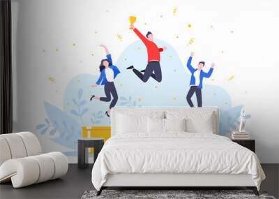 People standing on the podium rank first three places, jumps in the air with trophy cap. Employee recognition and competition award winner business concept flat style design vector illustration. Wall mural