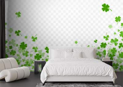 Shamrock or clover leaves flat design green backdrop pattern vector illustration isolated on transparent background. St Patricks Day shamrock symbols decorative elements. Wall mural