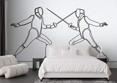 Single continuous line of two fencing athlete Wall mural