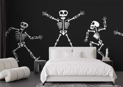 Skeletons dancing with different positions flat style design vector illustration set. Funny dancing Halloween or Day of the dead skeletons collection. Creepy, scary human bones characters silhouettes. Wall mural