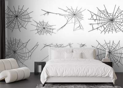 Spooky halloween old spider web with various sizes and shapes. Old cobweb set vector illustration for dark gothic decoration for holidays. Corner spider net insect thread cobweb scary frames. Wall mural