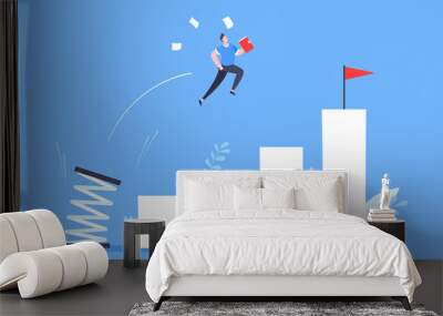 Springboard businessman high jump flat style design vector illustration concept. Business person jumps above career ladder. Success growth, motivation opportunity, boost career concept. Wall mural