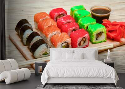 sushi rolls set served on wooden tray Wall mural