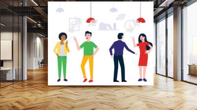 Teamwork of colleagues in the meeting room office smoking, happy men and woman talking working vector characters flat style vector illustration. Teamwork concept in business. Lamps and shelf behind. Wall mural