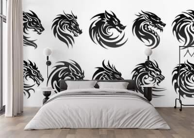 Tribal tattoo of the dragon head silhouette ornament flat style design vector illustration set isolated on white background. Chinese symbol and fantasy mascot monster for design ideas and tattoos. Wall mural