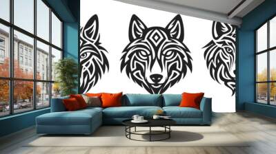 Tribal tattoo of the wolf head in Celtic and Nordic ornament flat style design vector illustration set isolated on white background. Scandinavian Viking symbol of wolf, tribal northern culture tattoo. Wall mural