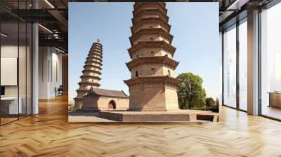 Twins pagodas-The old landmark of Taiyuan city. They were built in the Ming Dynasty of Chinese Times(A.D. 1608-1612). Taken in the Yongzuo Temple of Taiyuan The highest twin pagodas in China Wall mural