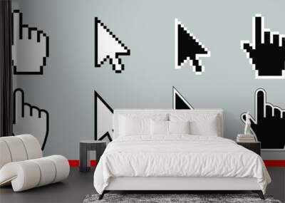 White arrow and pointer hand cursor icon set. Pixel and modern version of cursors signs. Symbols of direction and touch the links and press the buttons. Isolated on gray background vector illustration Wall mural