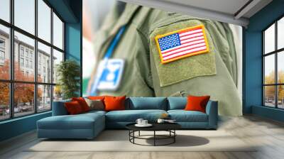 focus on american flag on usaf uniform of person. Wall mural