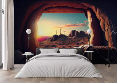 Empty tomb of Jesus Christ. Crucifixions in the rays of the sun. Generative AI Wall mural