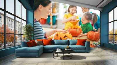 family preparing for Halloween Wall mural