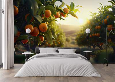 Juicy oranges grow on trees. orange farm. Generative AI Wall mural