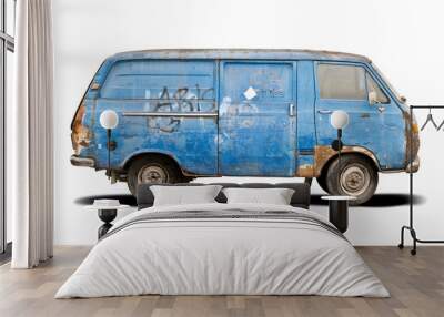 Old blue battered van side view isolated on white Wall mural