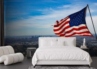 USA Flag Waves over City of Los Angeles California Wall mural