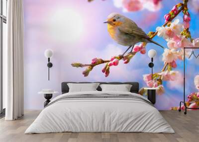 abstract Spring border background with pink blossom Wall mural