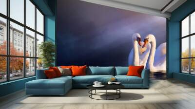 Art beautiful romance landscape; love couple white swan Wall mural