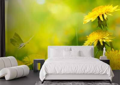 art spring flower background; fresh flower on green grass backgr Wall mural